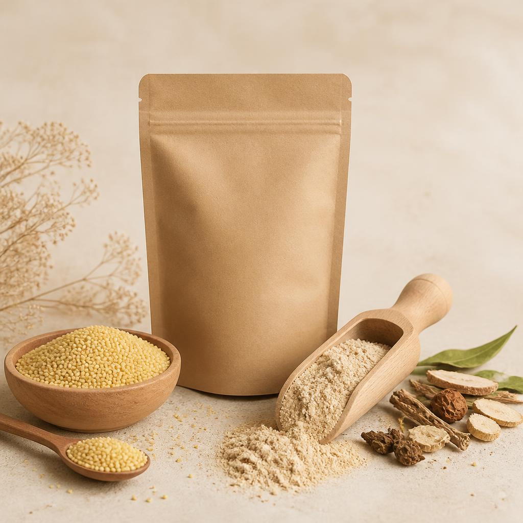 NEVAJIRAA traditional millet health mix pouch with millet grains and wooden scoop