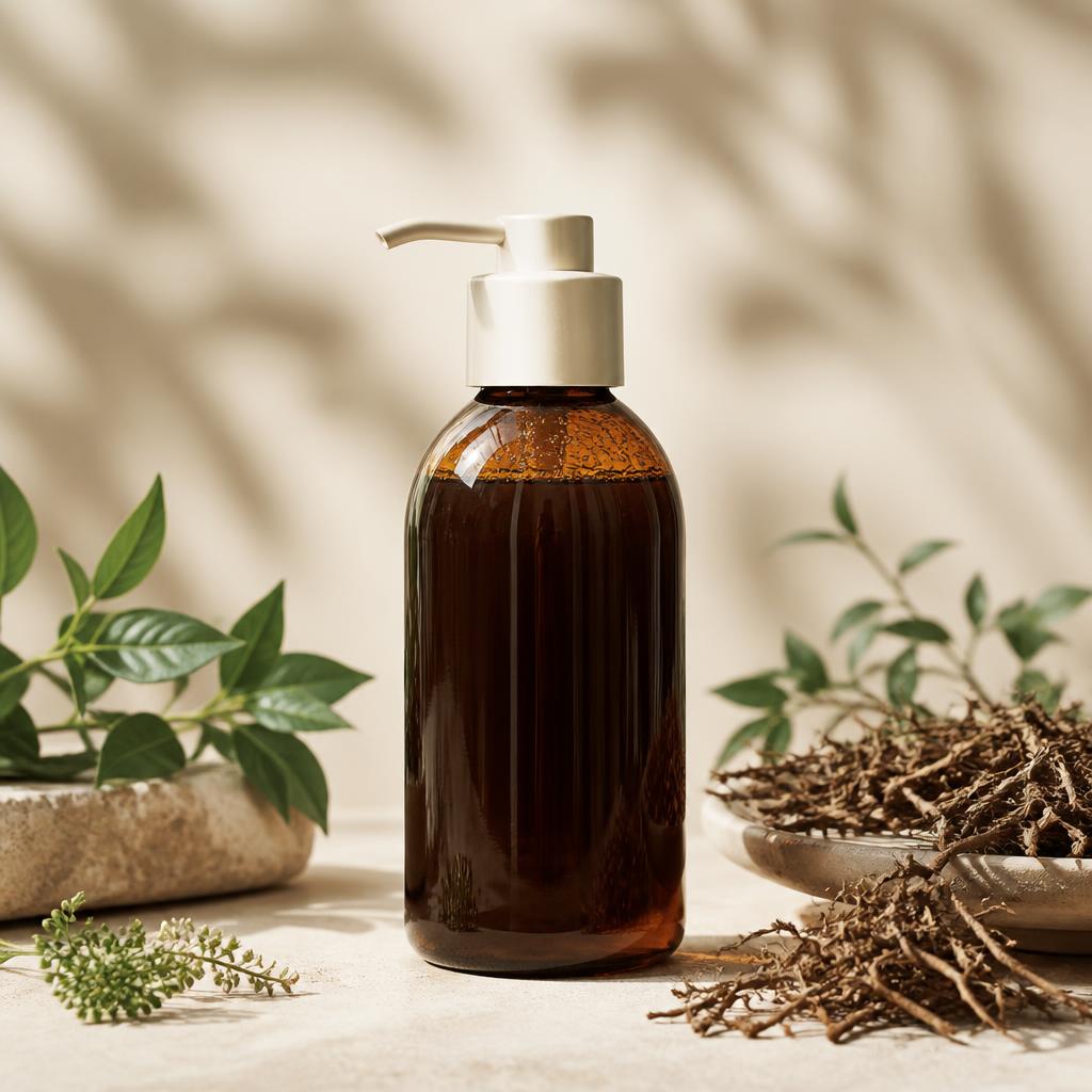 NEVAJIRAA Jatamansi Herbal Shampoo amber bottle with jatamansi roots