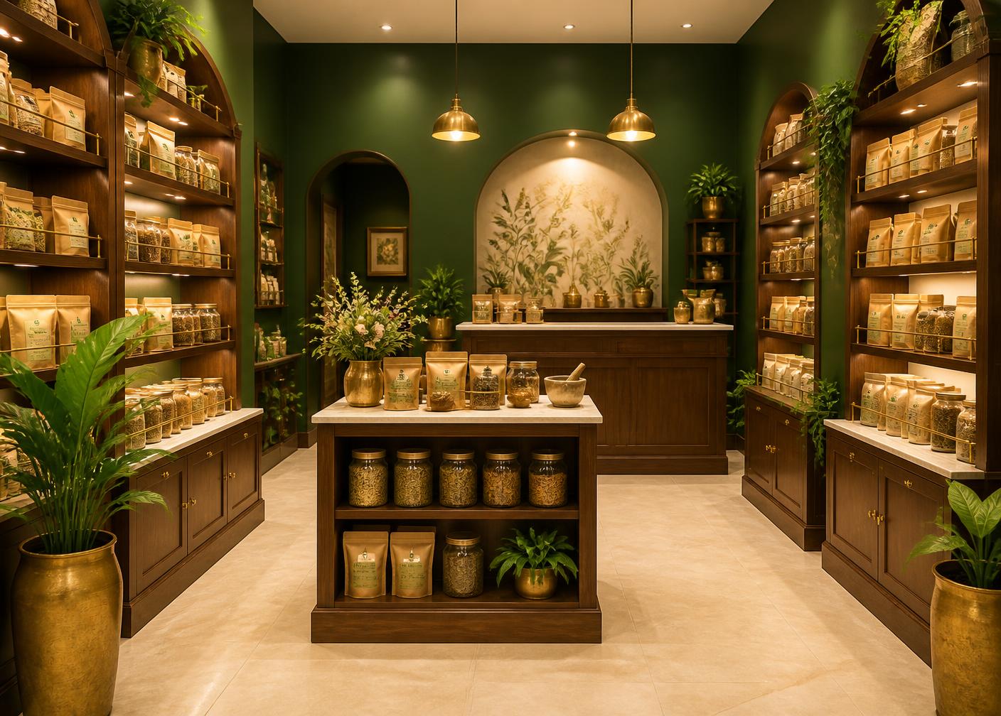 NEVAJIRAA herbal store interior with wooden shelves and brass details